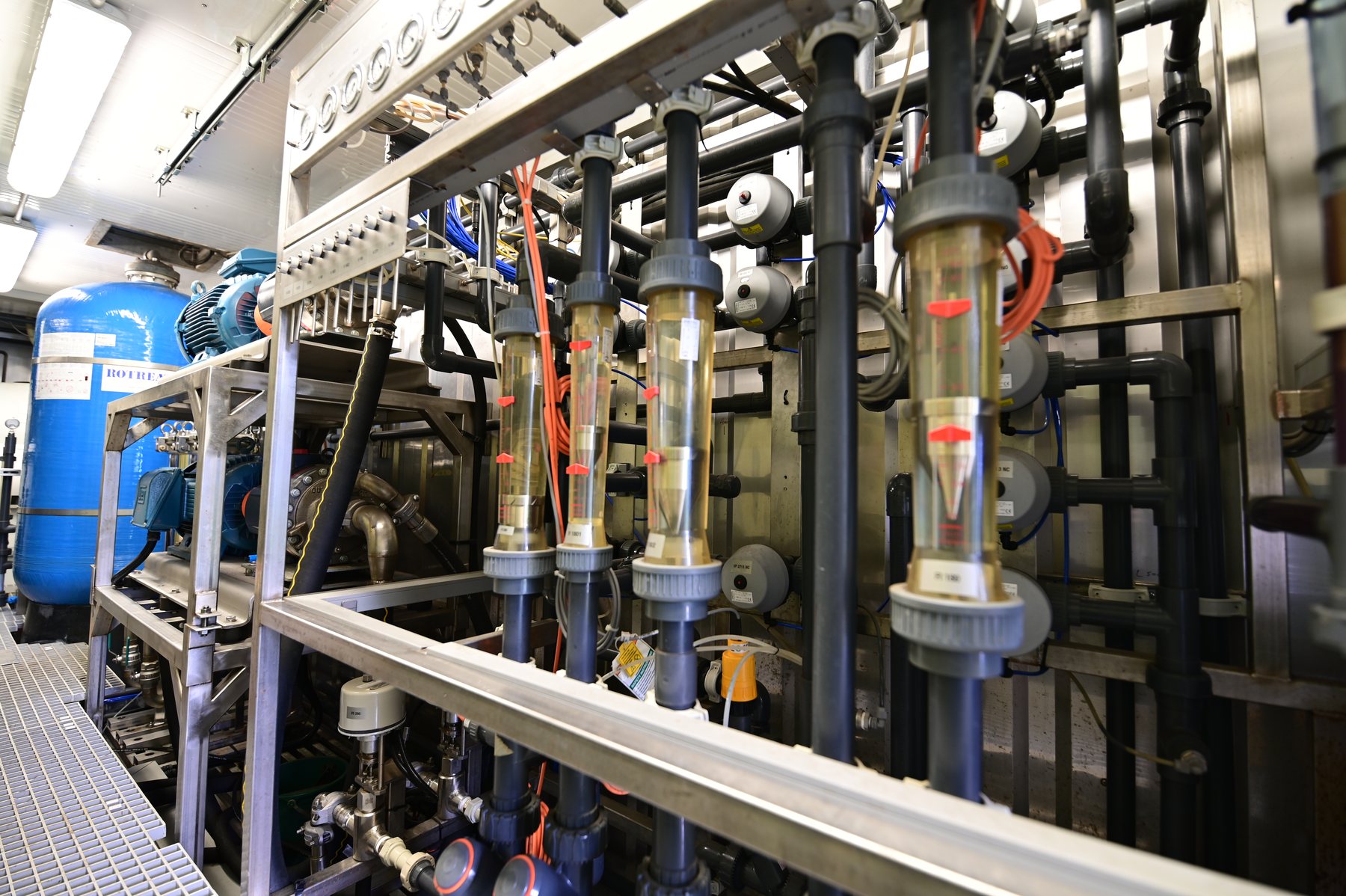 Technical piping and flow meters in an industrial membrane plant
